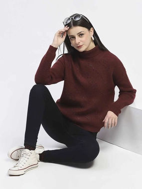 Cold Weather Fashion Soft Fabric Look Madame Self Design Wine Red Turtleneck Sweater