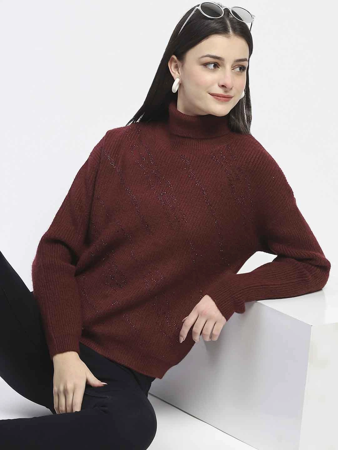 Madame Self Design Wine Red Turtleneck Sweater Perfect Design Fit