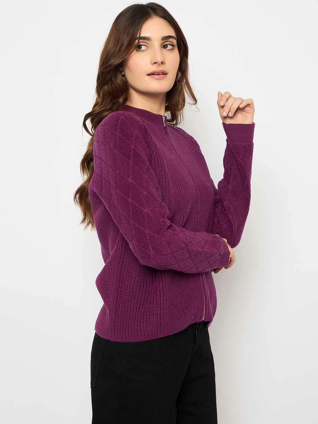 Casual Ease Cozy Stretch Fit Madame Self Design Zipped Purple Sweater
