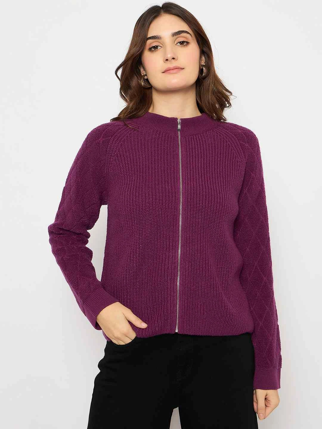 Madame Self Design Zipped Purple Sweater Warm Layering