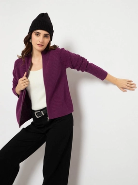 Madame Self Design Zipped Purple Sweater Luxe Wear Slim Stretch