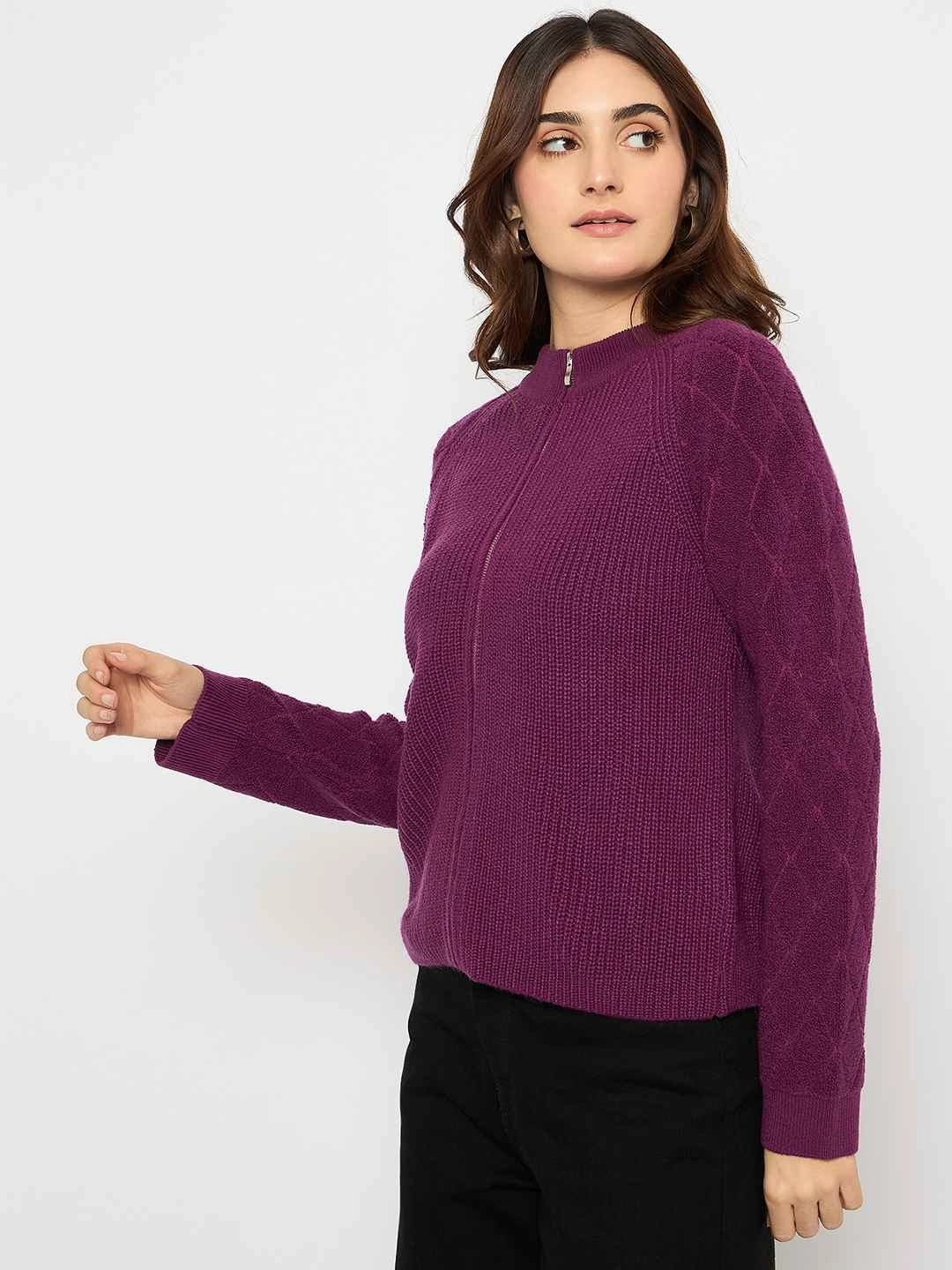Madame Self Design Zipped Purple Sweater Seasonal Wear Fashion Forward