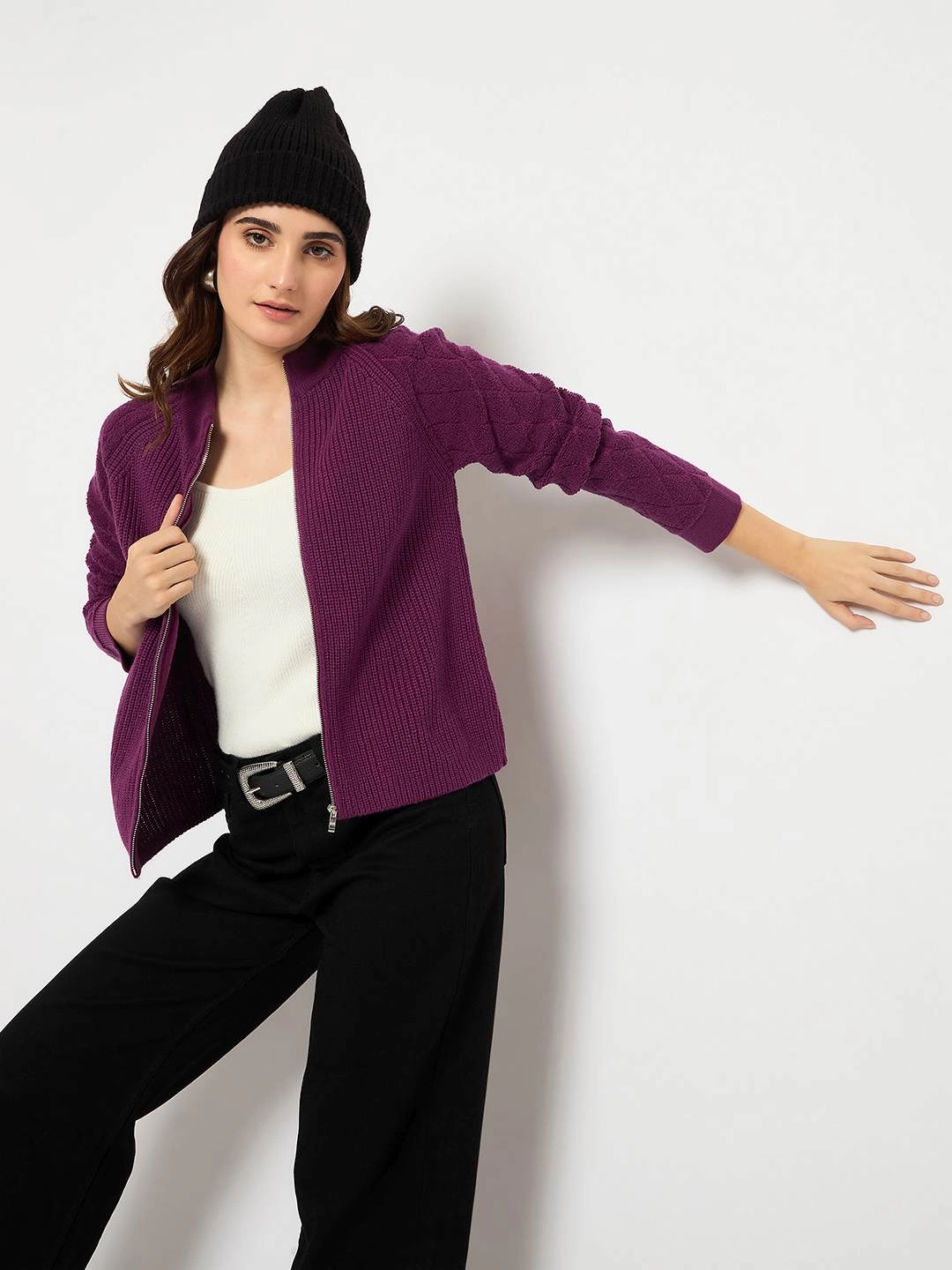Madame Self Design Zipped Purple Sweater Luxe Wear Slim Stretch