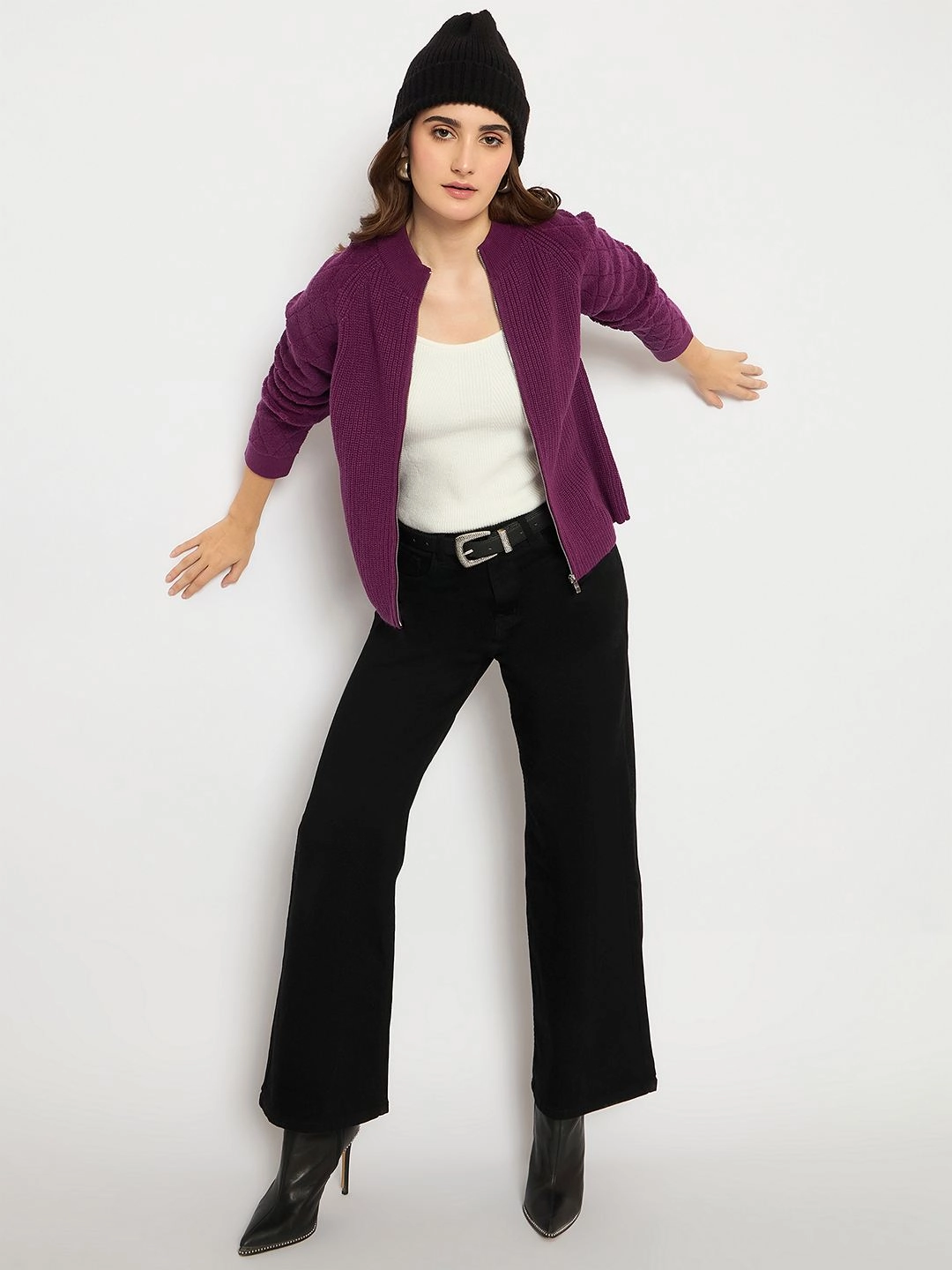 Madame Self Design Zipped Purple Sweater Flex Fit Versatile Layering