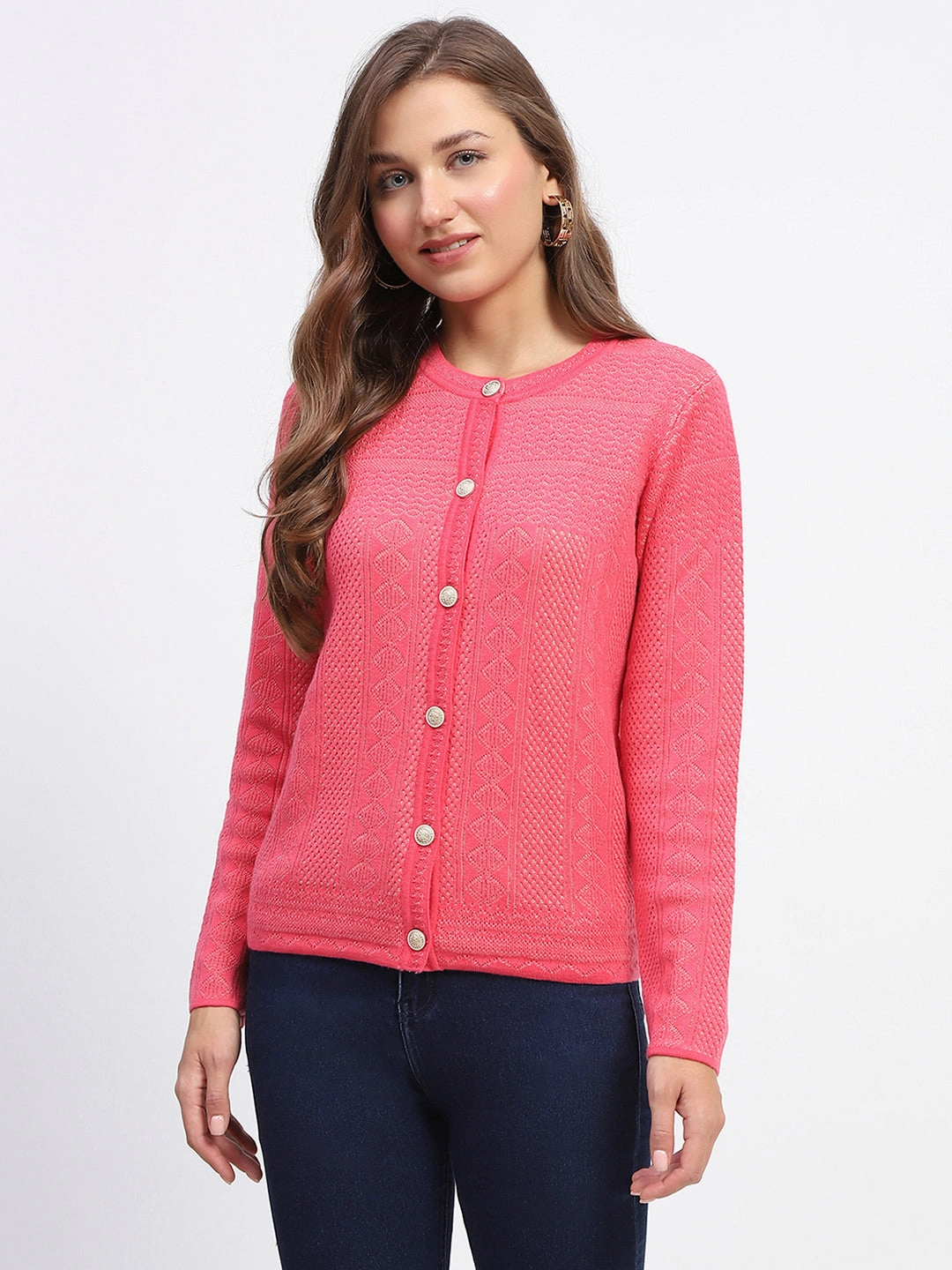 Ventilation Panel Madame Self-Designed Crew Neck Button Down Coral Cardigan