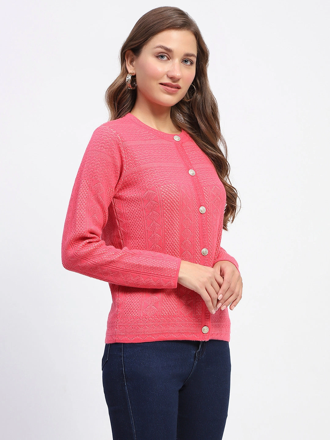 Comfy Style Madame Self-Designed Crew Neck Button Down Coral Cardigan