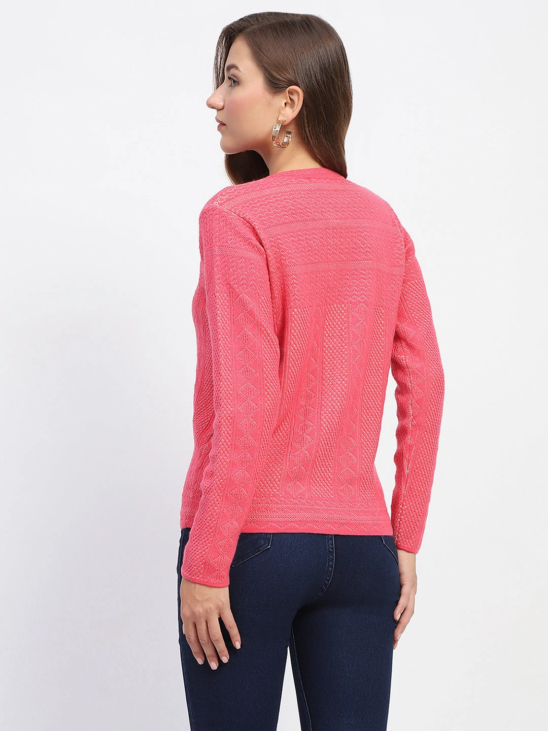 UltraFineMesh ZeroWastePattern Madame Self-Designed Crew Neck Button Down Coral Cardigan