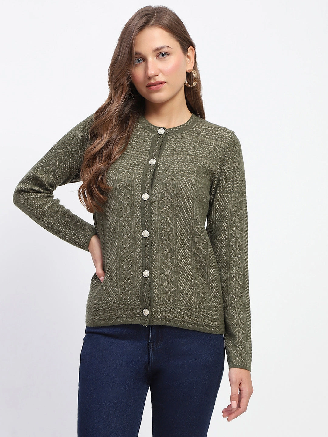 Madame Self-Designed Crew Neck Button Down Olive Green Cardigan Quick Release Fastener