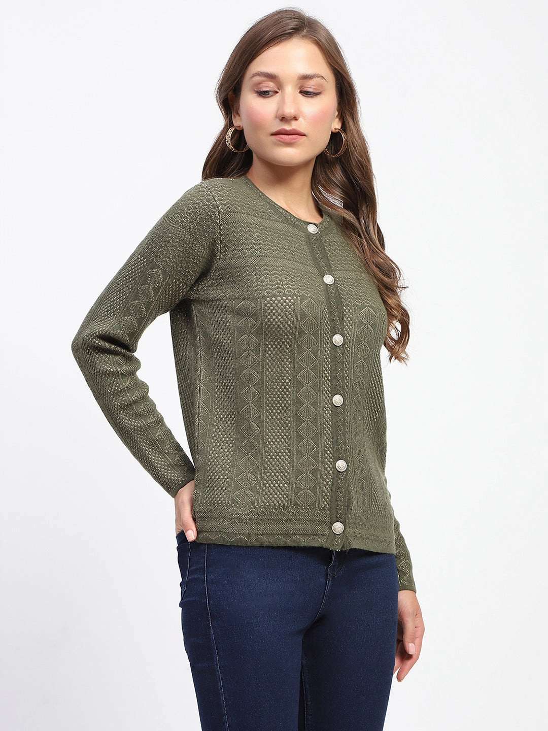 Retro design Madame Self-Designed Crew Neck Button Down Olive Green Cardigan