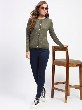 Everyday Comfort Madame Self-Designed Crew Neck Button Down Olive Green Cardigan