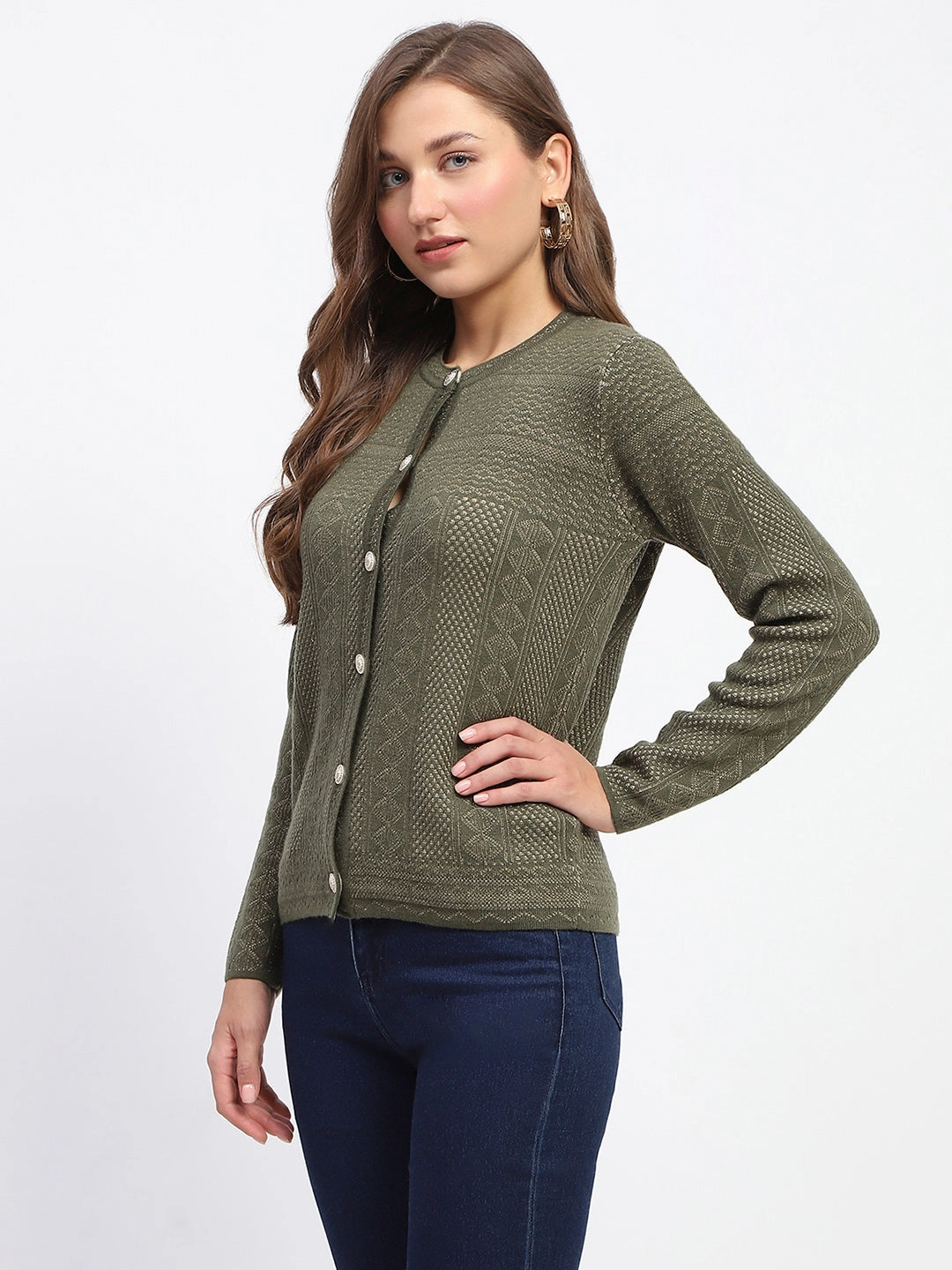 Madame Self-Designed Crew Neck Button Down Olive Green Cardigan Durable Reinforced Elbow Patches