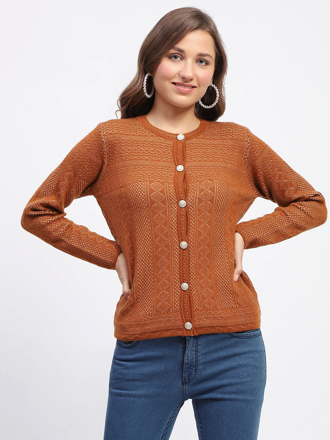 Madame Self-Designed Crew Neck Button Down Tan Cardigan Ultrasoft Inner Lining HighDensity Knit