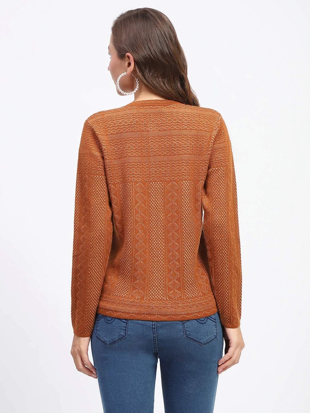 Fashion Statement Madame Self-Designed Crew Neck Button Down Tan Cardigan