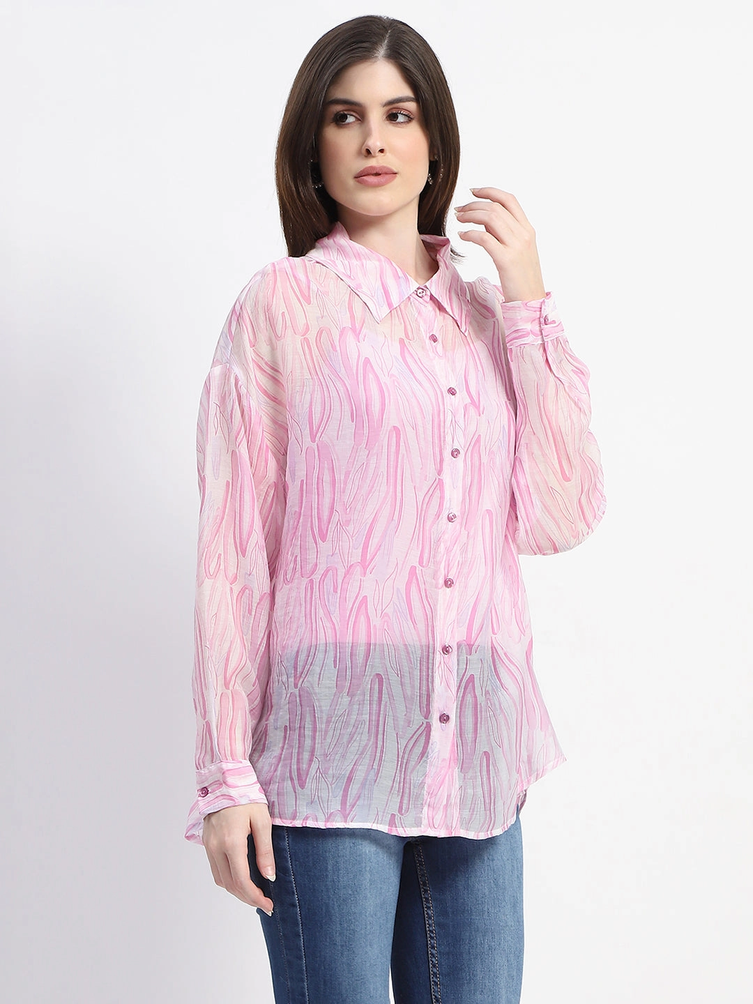 Madame Semi Sheer Abstract Print Baby Pink Shirt wrinkle free