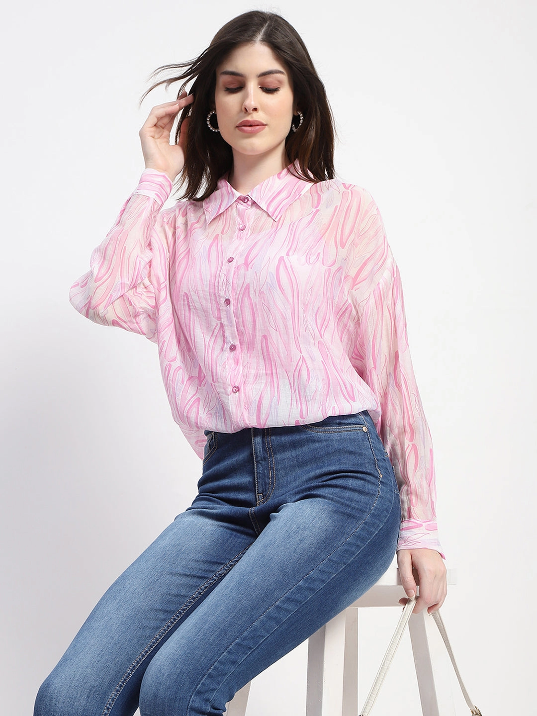 Friends Meetup Checkered Look Madame Semi Sheer Abstract Print Baby Pink Shirt