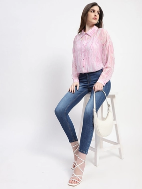 Subtle Print Sleek Style Madame Semi Sheer Abstract Print Baby Pink Shirt