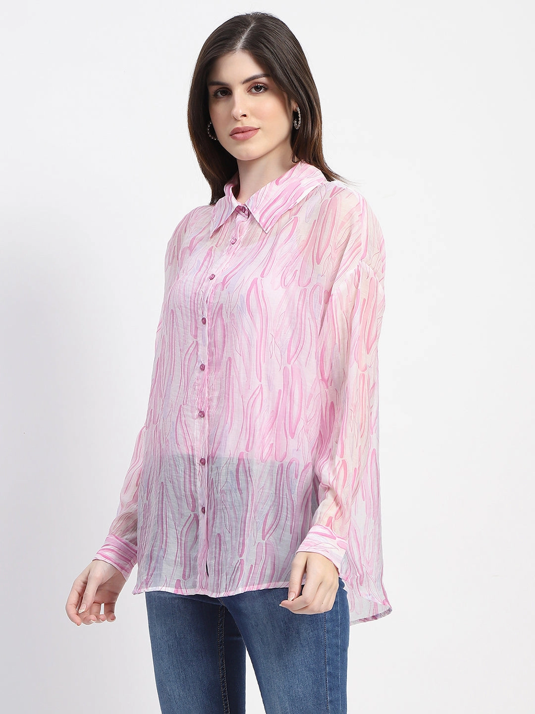 Textured Finish High-End Fashion Madame Semi Sheer Abstract Print Baby Pink Shirt