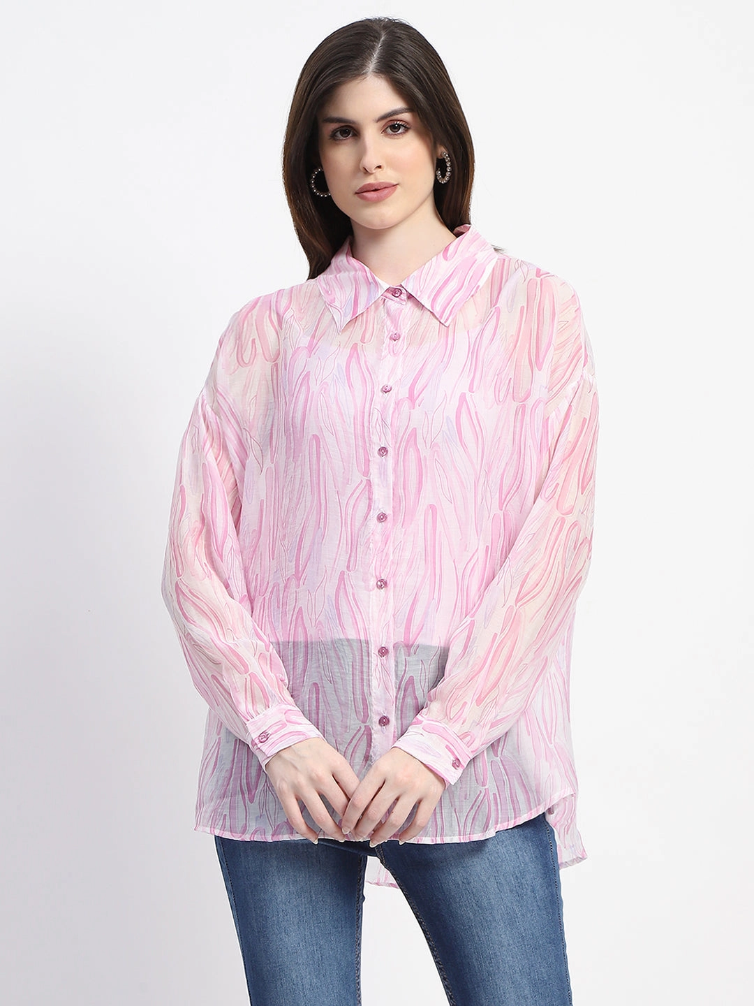 Madame Semi Sheer Abstract Print Baby Pink Shirt Inner Layer Tailored Cut