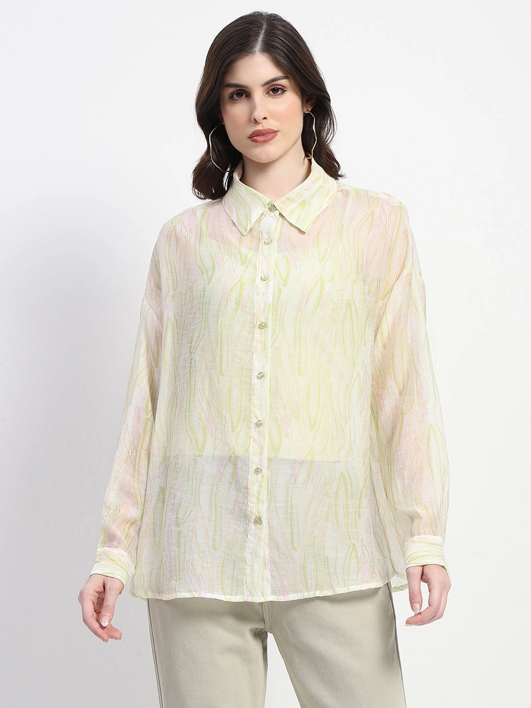 Flexible Shoulder Construction Madame Semi Sheer Abstract Print Lime Shirt