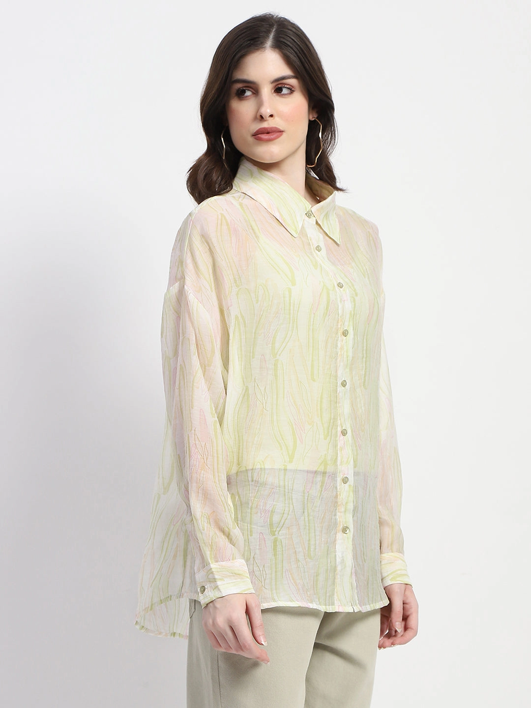 Customizable Design Sporty Comfort Madame Semi Sheer Abstract Print Lime Shirt
