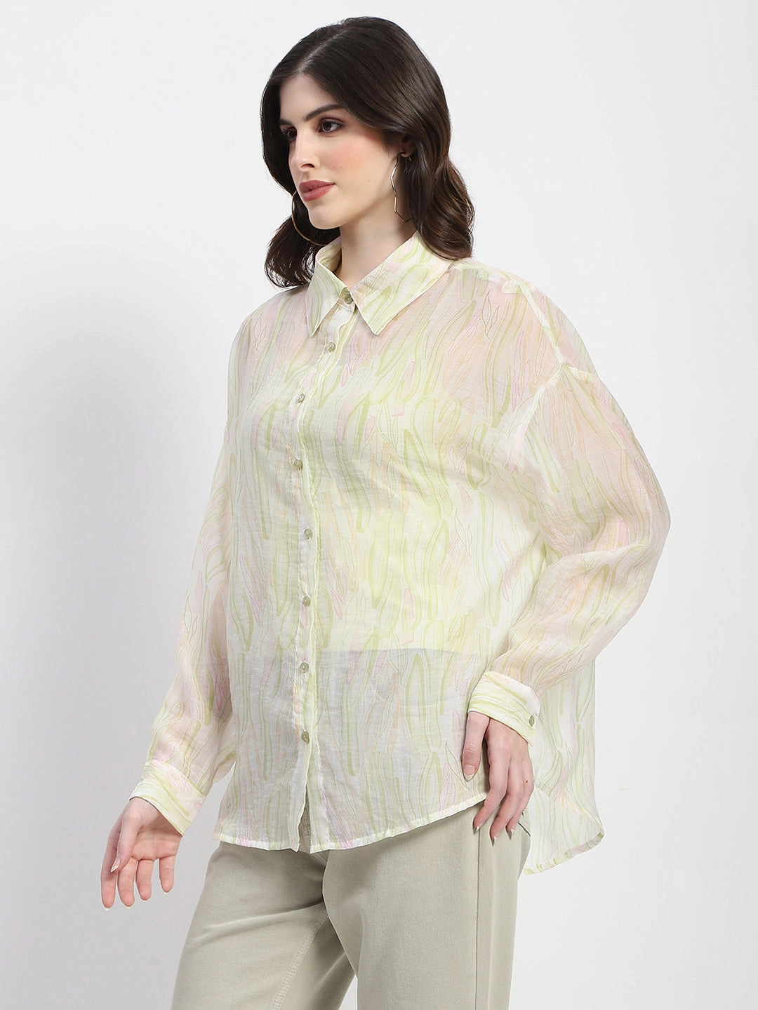 Eco Friendly Material Madame Semi Sheer Abstract Print Lime Shirt