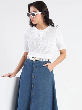 Madame Semi Sheer Botanical Pattern White Knit Top Full Coverage Fit