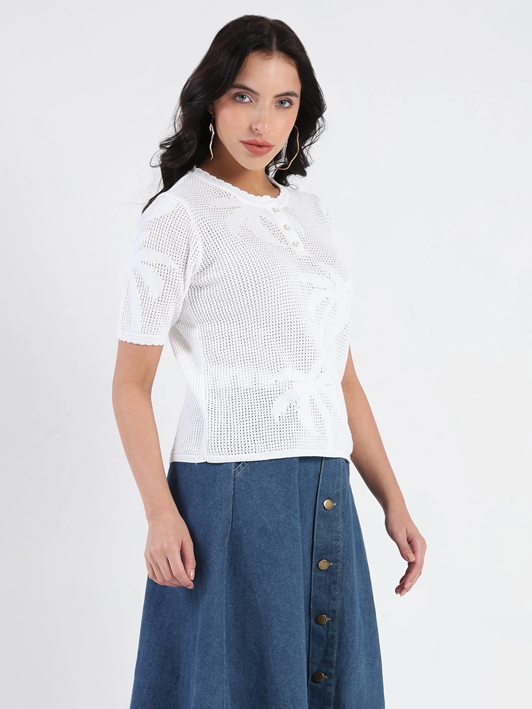 SoftInteriorLining Madame Semi Sheer Botanical Pattern White Knit Top