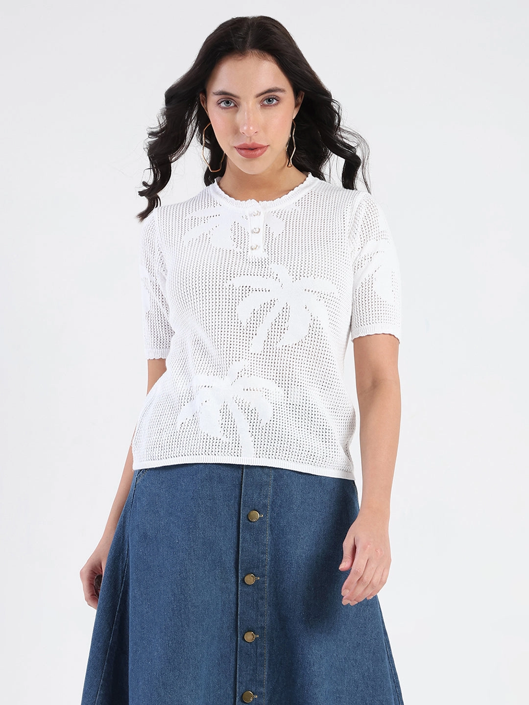 Basic Long Sleeve Madame Semi Sheer Botanical Pattern White Knit Top