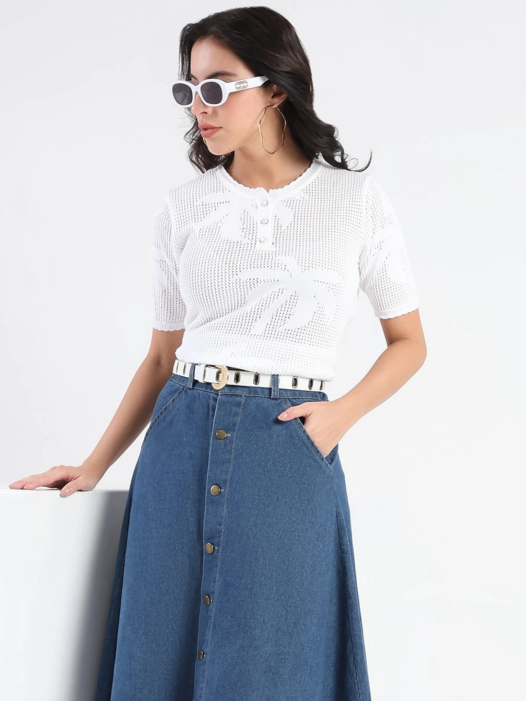 Madame Semi Sheer Botanical Pattern White Knit Top Full Coverage Fit