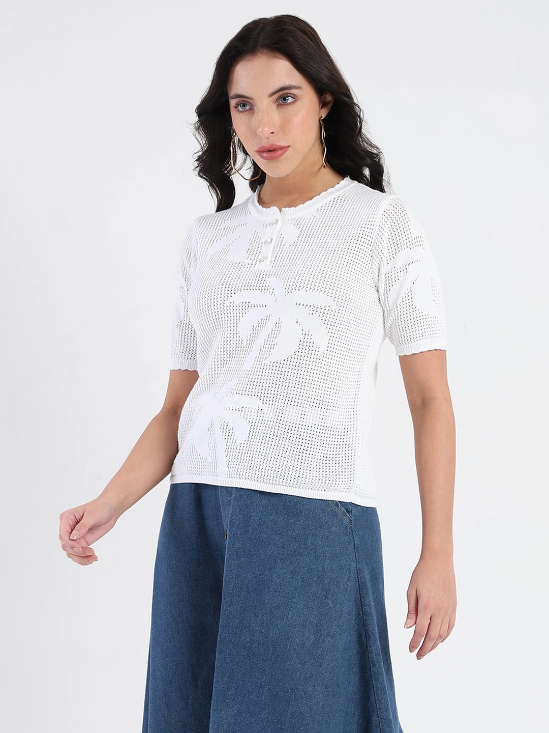 Fade Resistant Coating Madame Semi Sheer Botanical Pattern White Knit Top