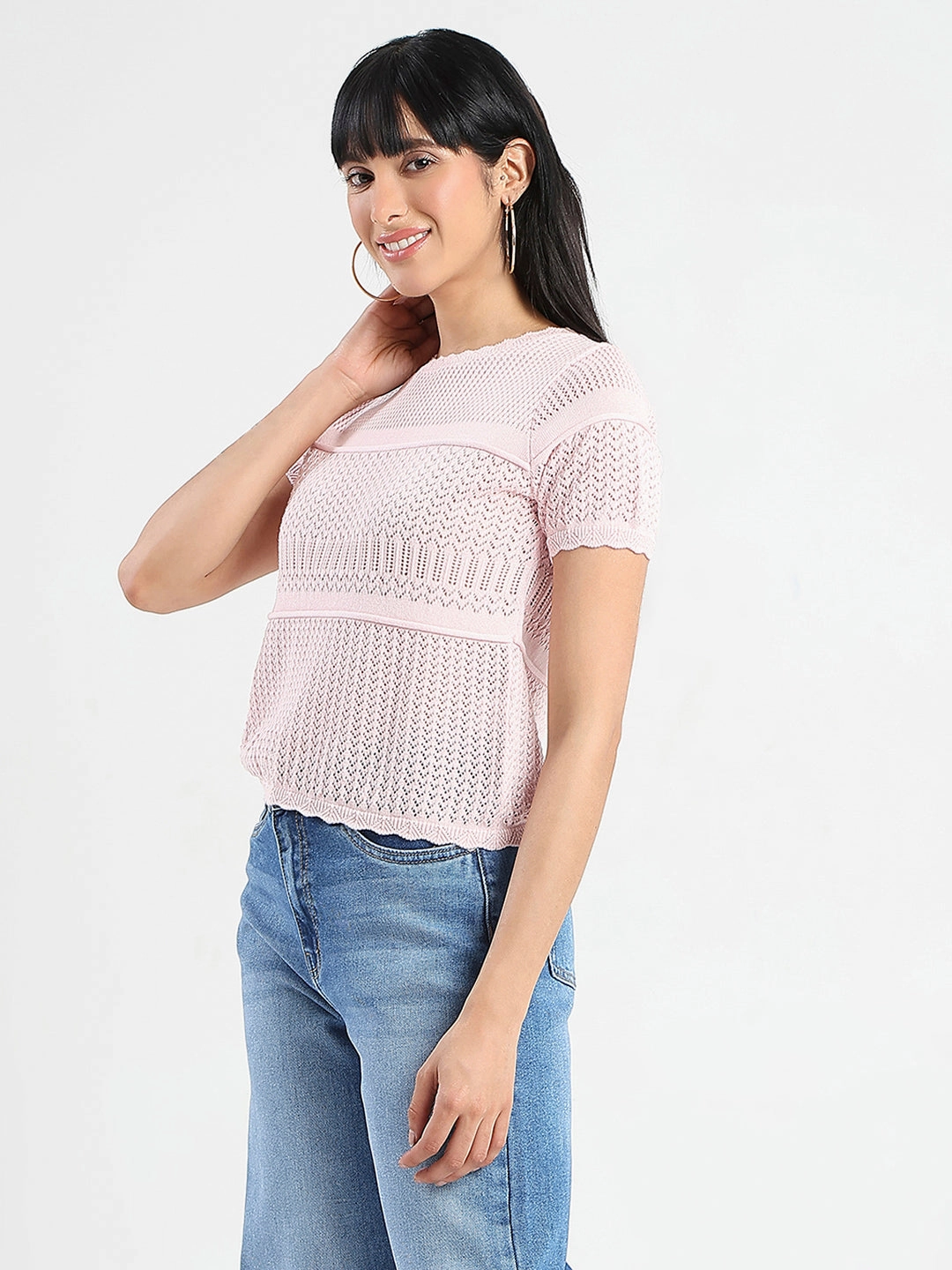 Madame Semi Sheer Knitted Cotton Blend Pink Top Microfiber Blended Fabric