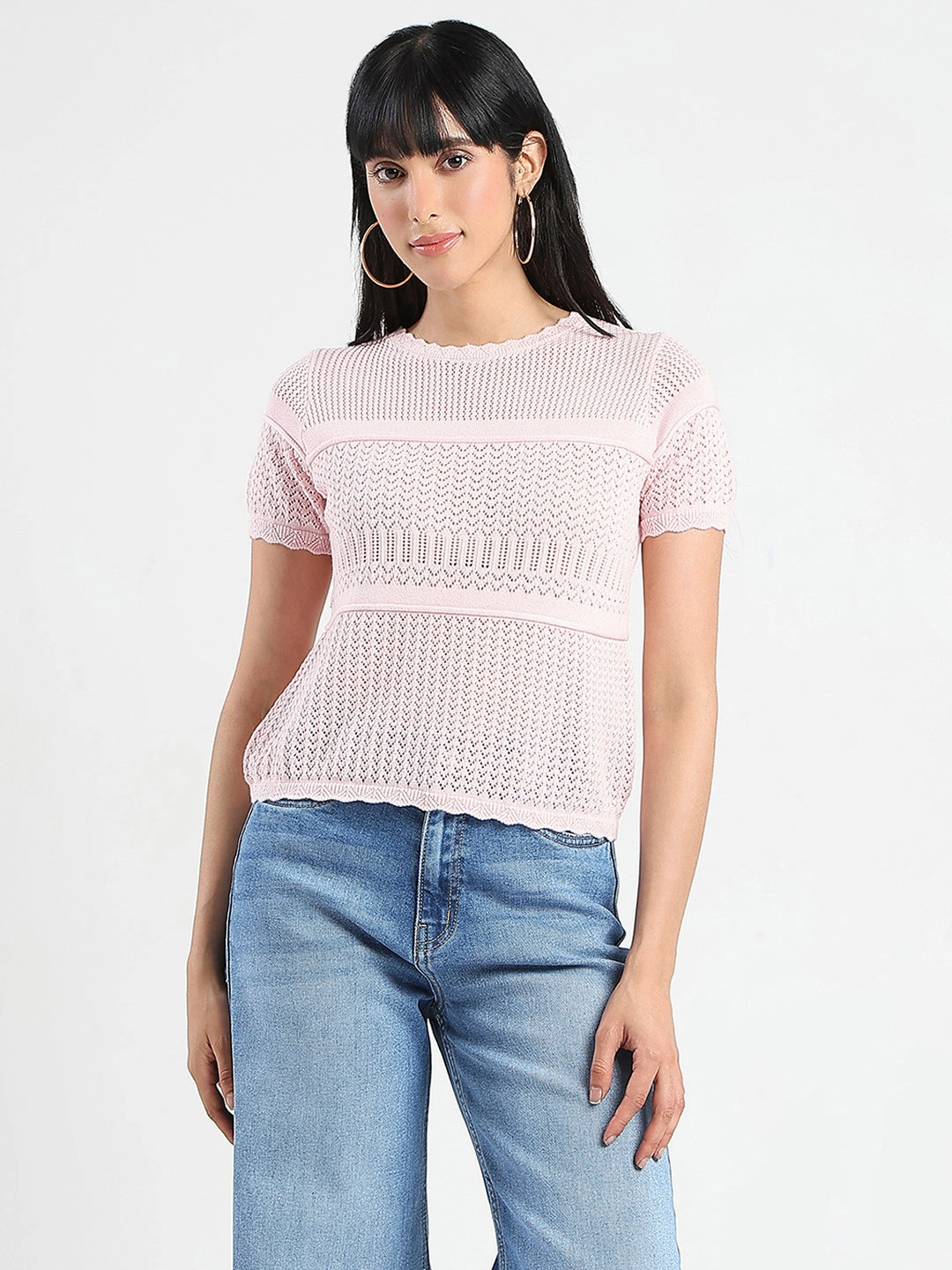 Madame Semi Sheer Knitted Cotton Blend Pink Top BreathableFabric FlexibleMobility