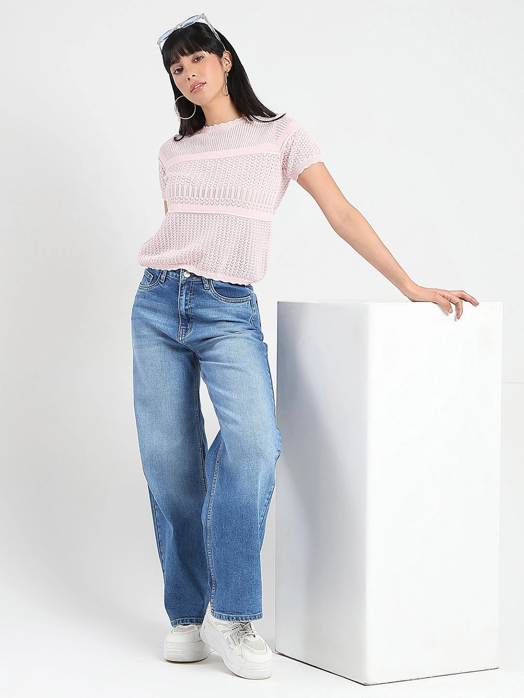 Madame Semi Sheer Knitted Cotton Blend Pink Top Flexible Material