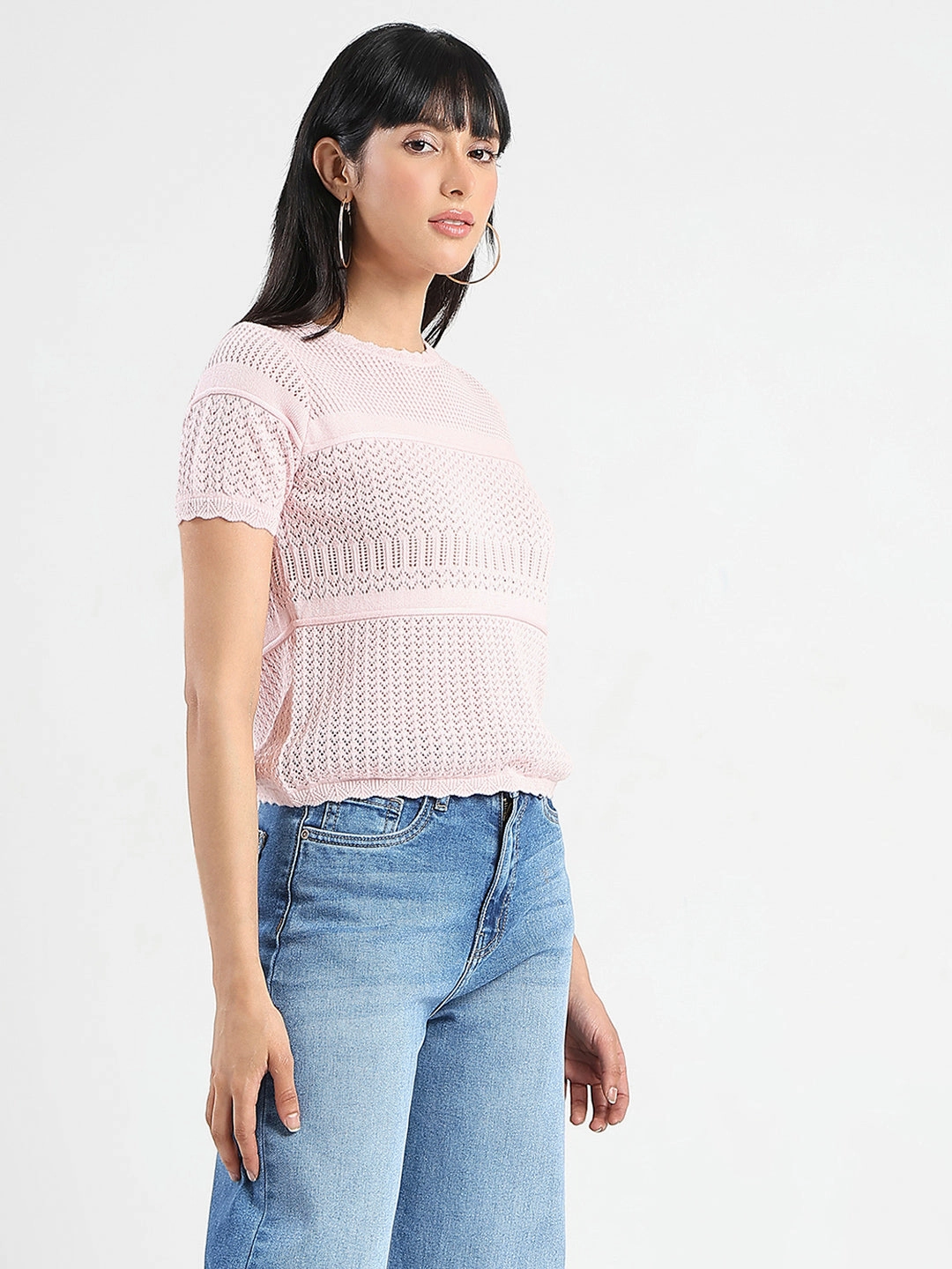 Madame Semi Sheer Knitted Cotton Blend Pink Top Stylish Hoodie AntiStatic Coating