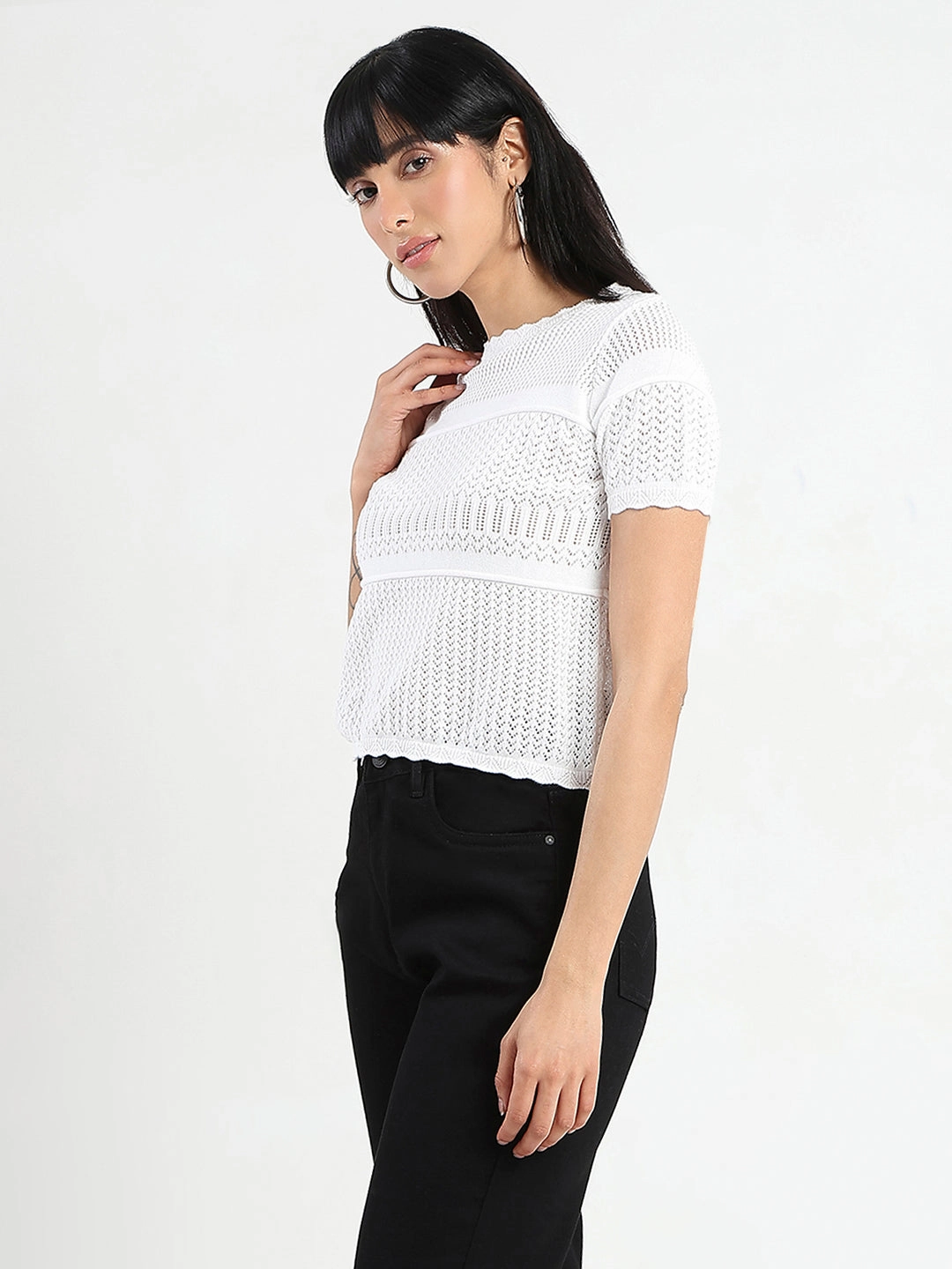Madame Semi Sheer Knitted Cotton Blend White Top Contrast Stitch Detail MeshPanel