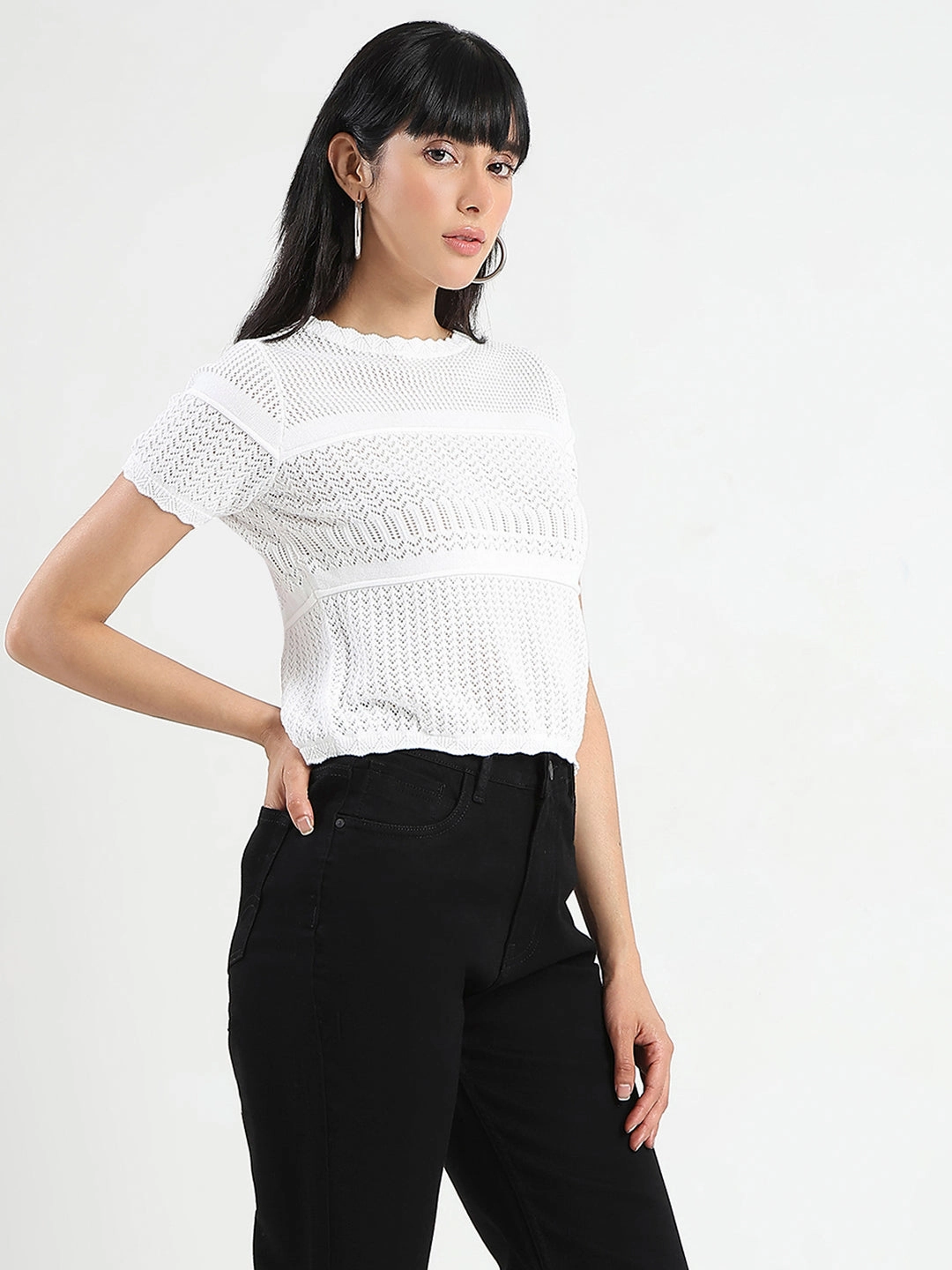 Professional Cut Anti Static Treatment Madame Semi Sheer Knitted Cotton Blend White Top