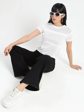 AntiPillingFinish Trendy Sweater Madame Semi Sheer Knitted Cotton Blend White Top