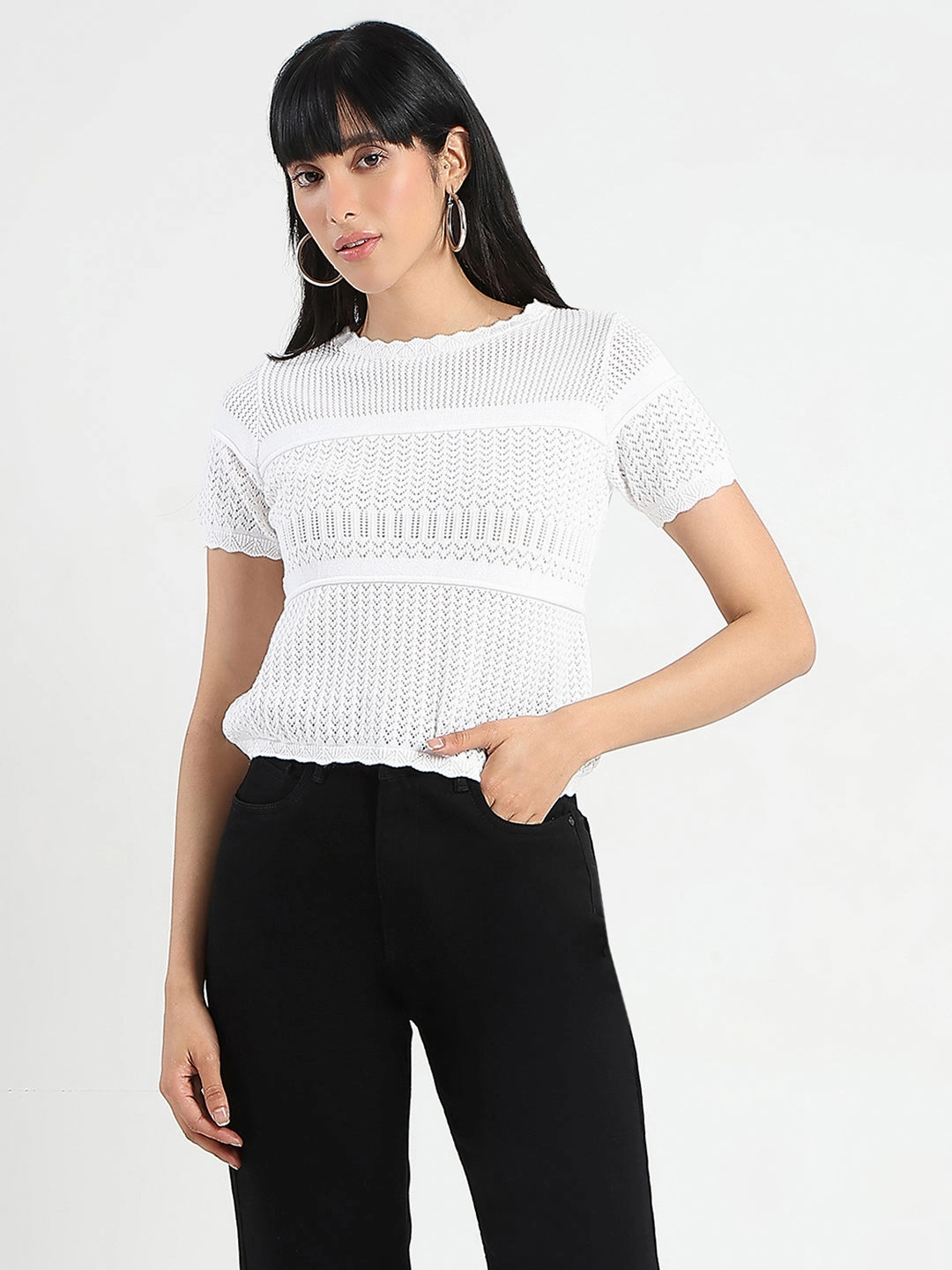 Madame Semi Sheer Knitted Cotton Blend White Top AntiStatic Material