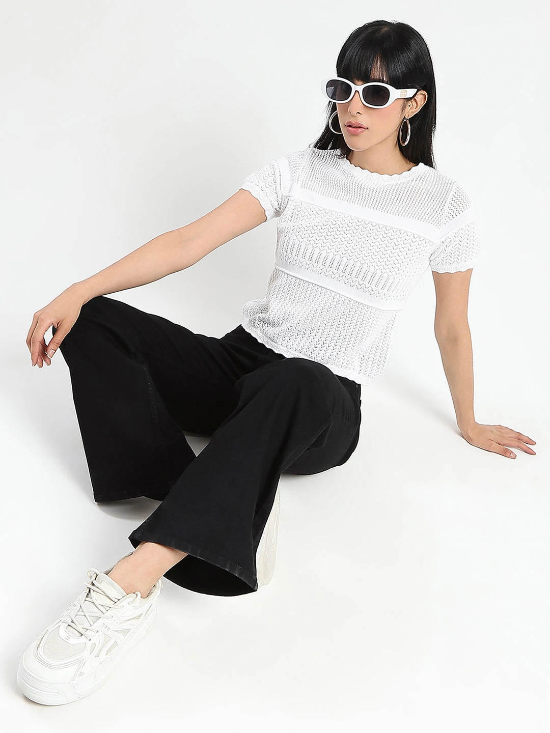 AntiPillingFinish Trendy Sweater Madame Semi Sheer Knitted Cotton Blend White Top