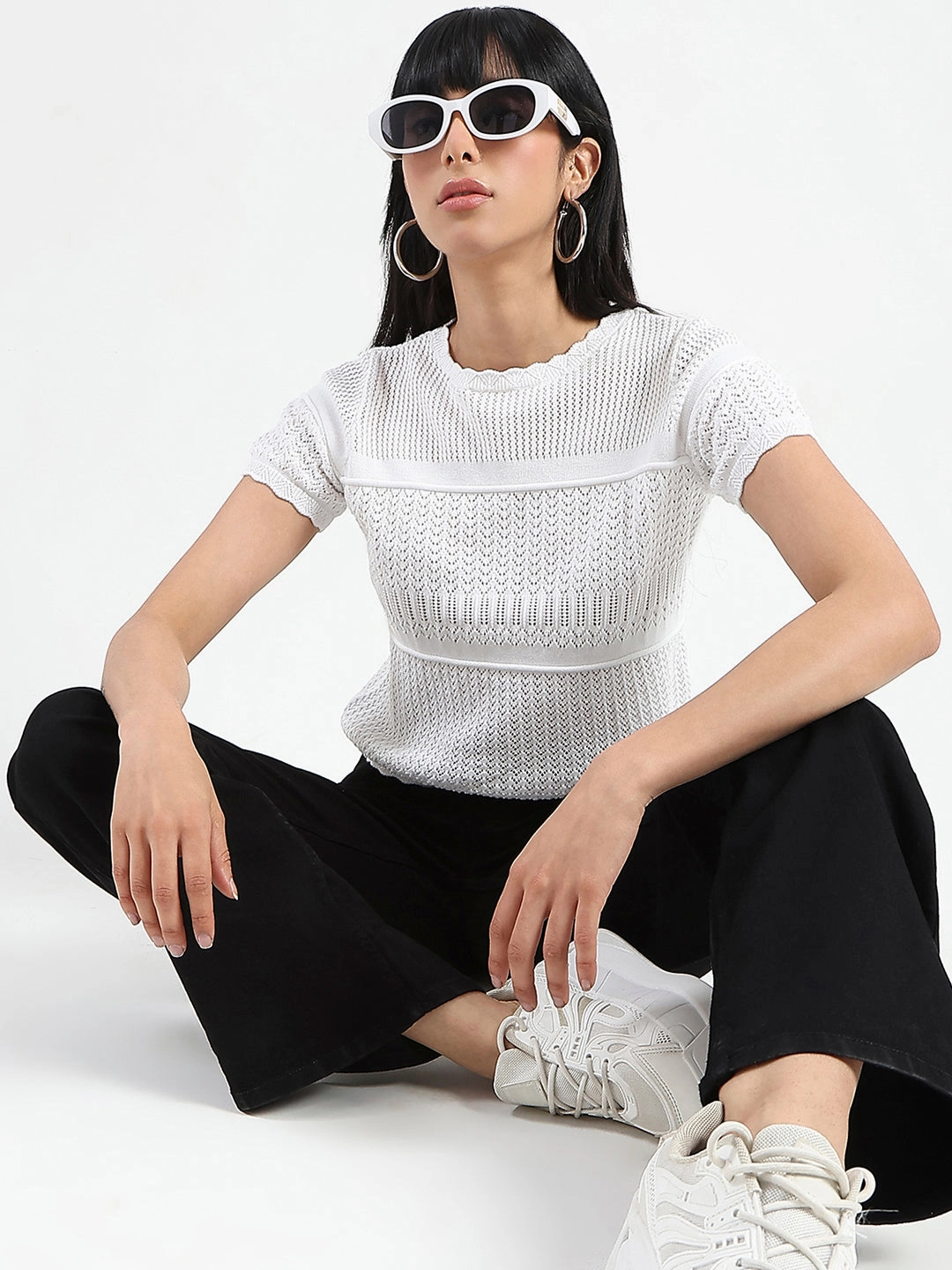 Madame Semi Sheer Knitted Cotton Blend White Top DoubleStitched Durable Reinforced Elbow Patches