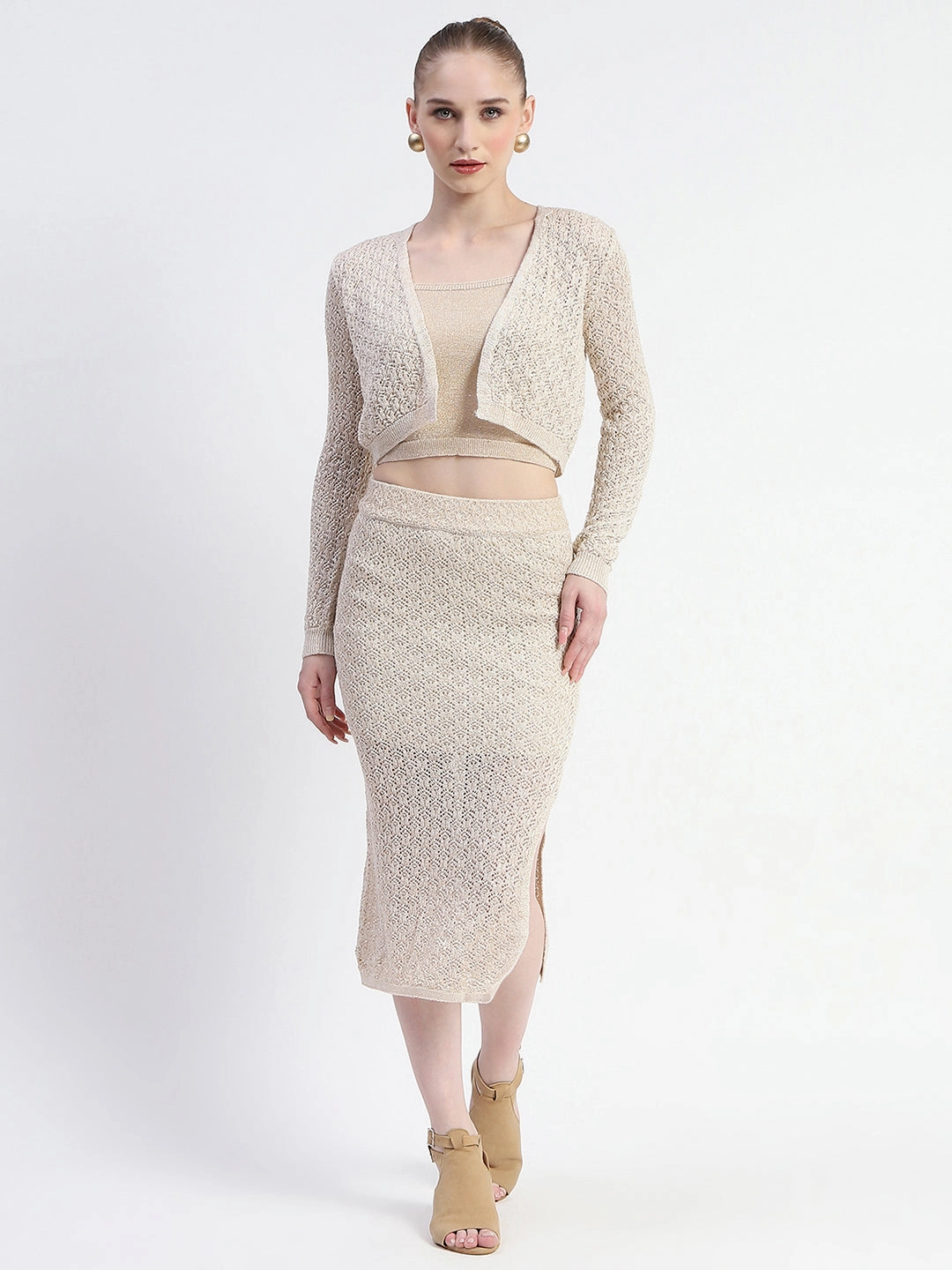 Chilly Weather Layer Sheer Overlay Madame Semi Sheer Shrug With Skirt And Top Co-Ord Set