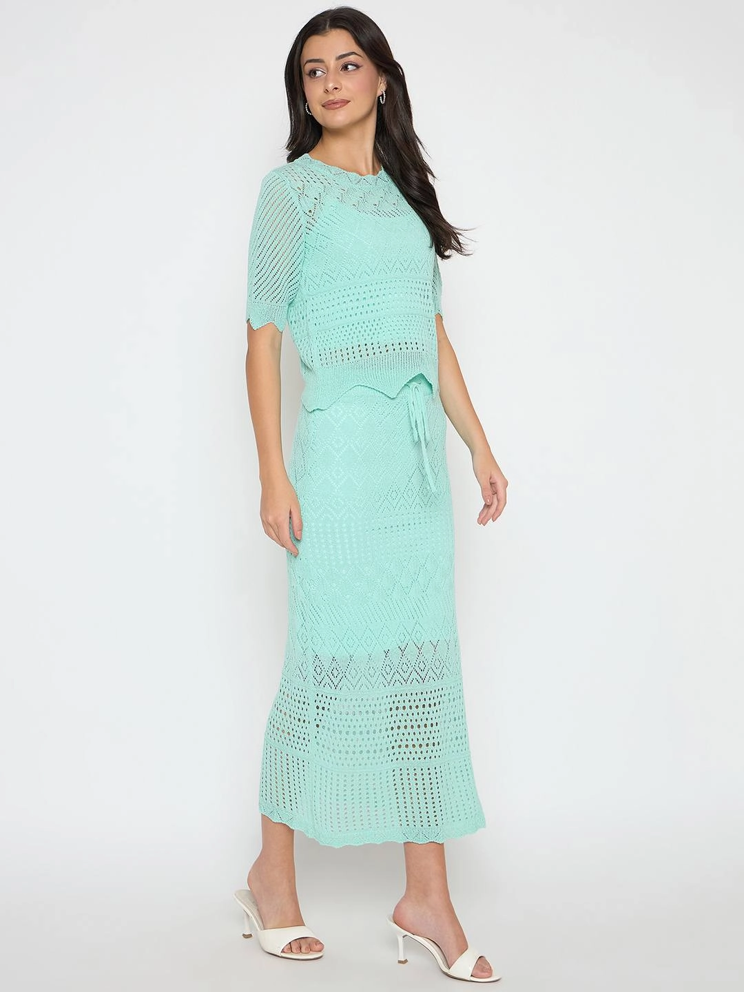 Madame Semi Sheer Top and Skirt Powder Blue Knitted Co-ord Set Fit Vibe Soul Warm