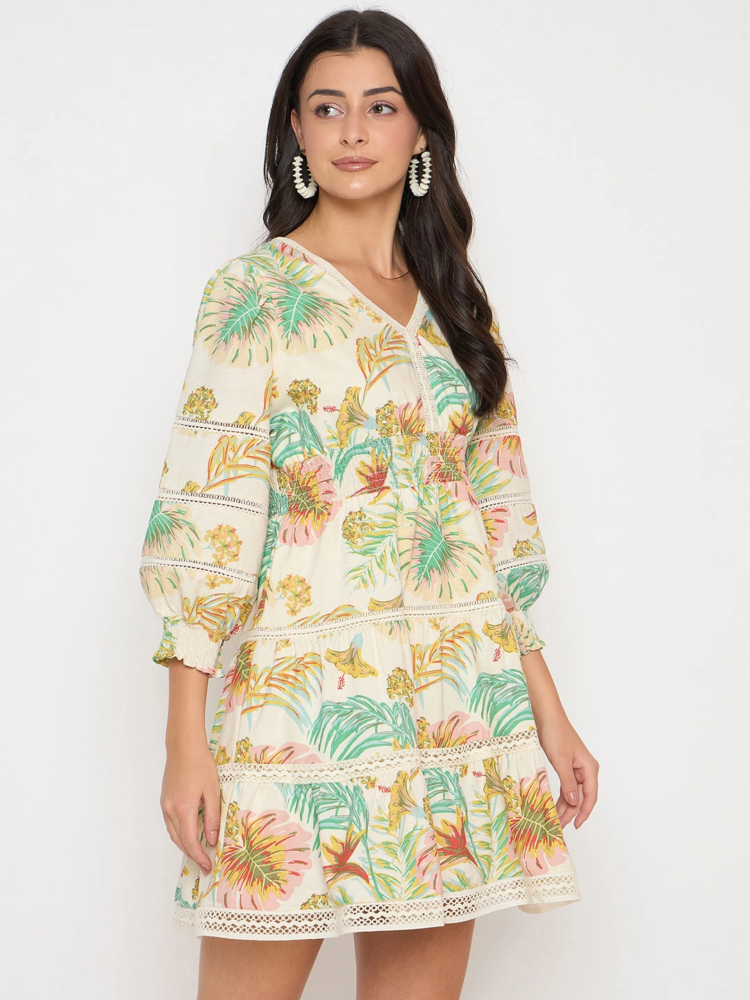 Madame Shanaya Kapoor Floral Print Tiered Off White Mini Dress Natural Tones