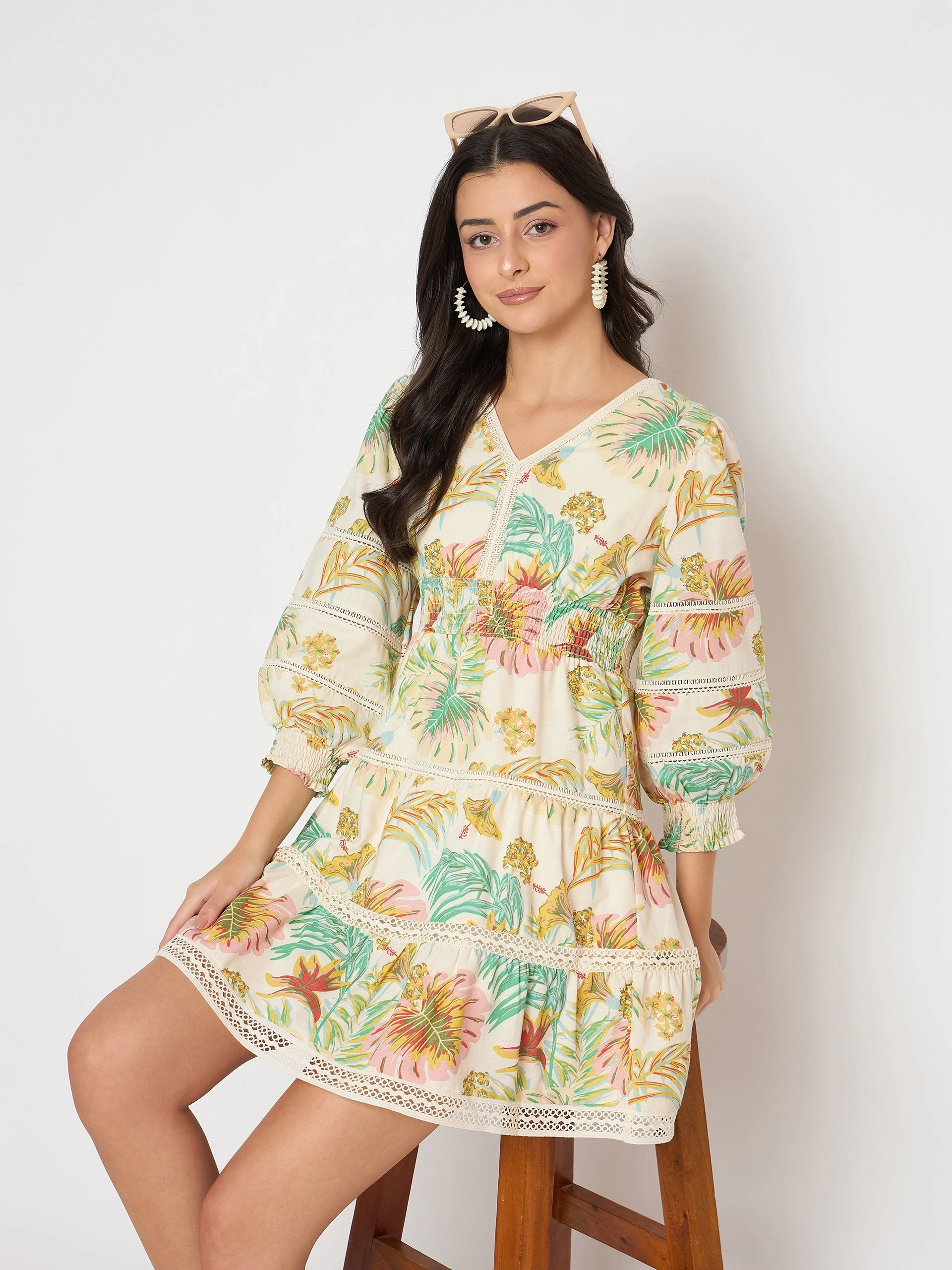 Boho Tone Madame Shanaya Kapoor Floral Print Tiered Off White Mini Dress