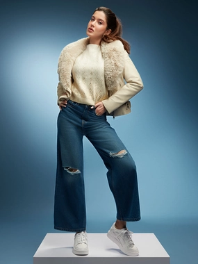Couple Look Modern Winter Warmth Student Outfit Textured Madame Shanaya Kapoor Ripped Blue Denim Jeans
