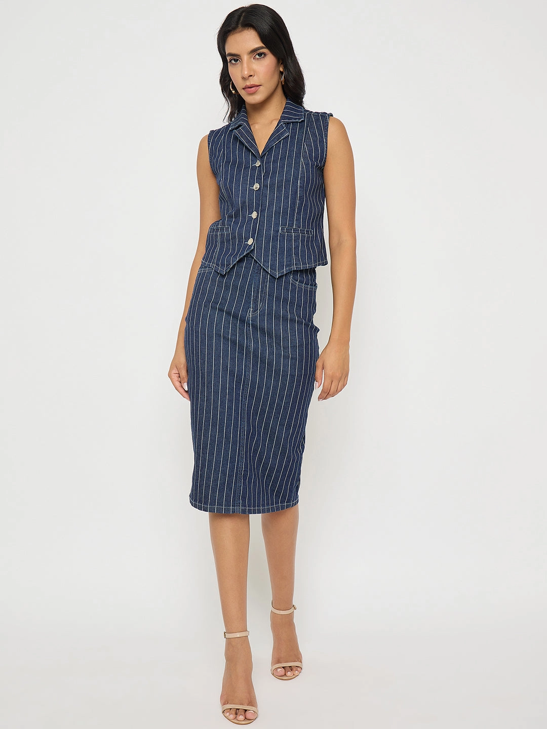 Madame Shanaya Kapoor Striped Top and Skirt Mid-Blue Co-ord Set retro-style