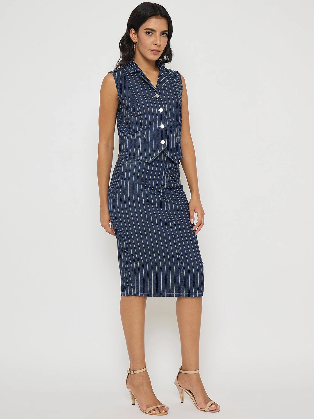 Refined touch Madame Shanaya Kapoor Striped Top and Skirt Mid-Blue Co-ord Set