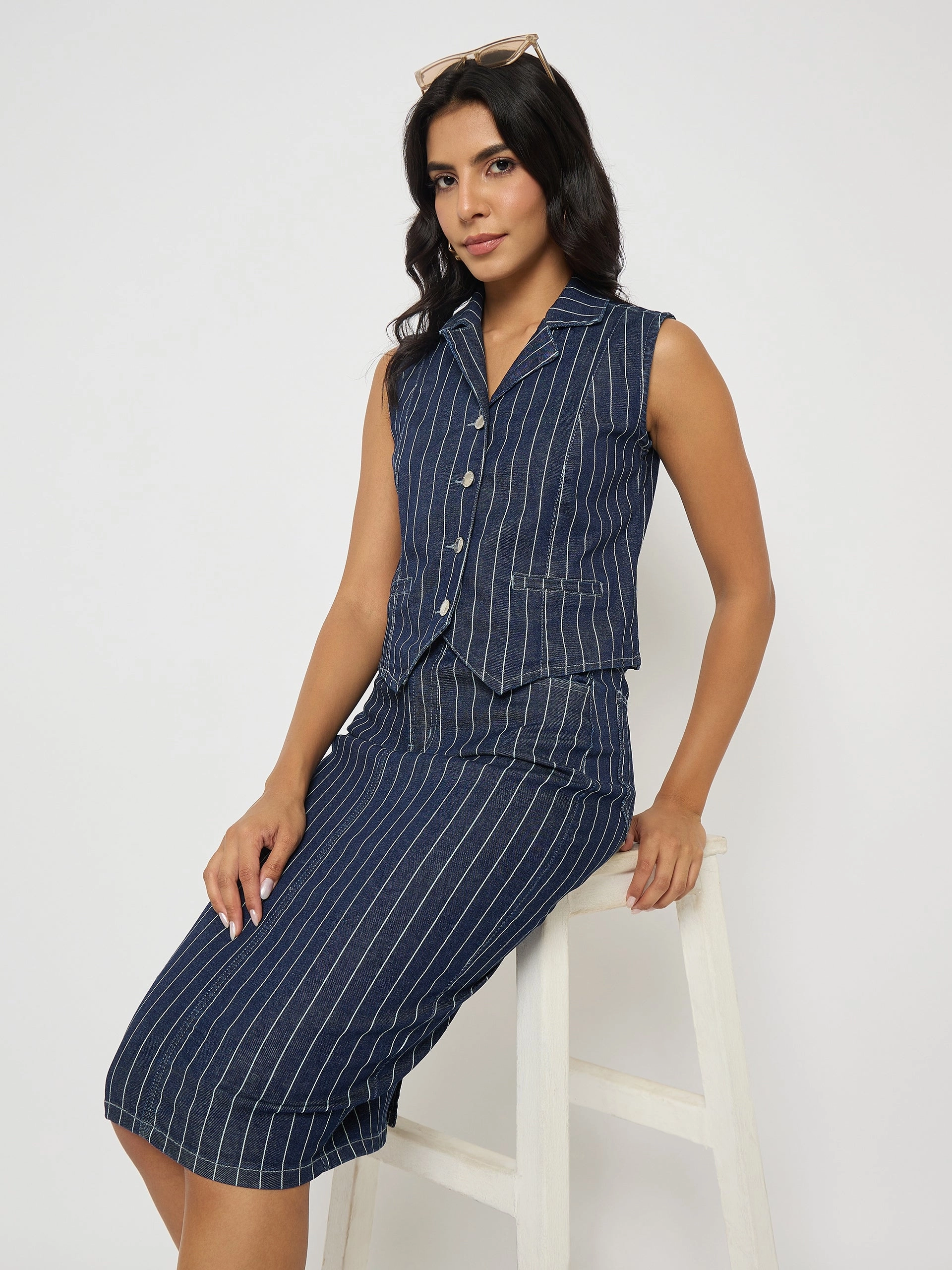breathable-mesh Casual Style Wear Madame Shanaya Kapoor Striped Top and Skirt Mid-Blue Co-ord Set