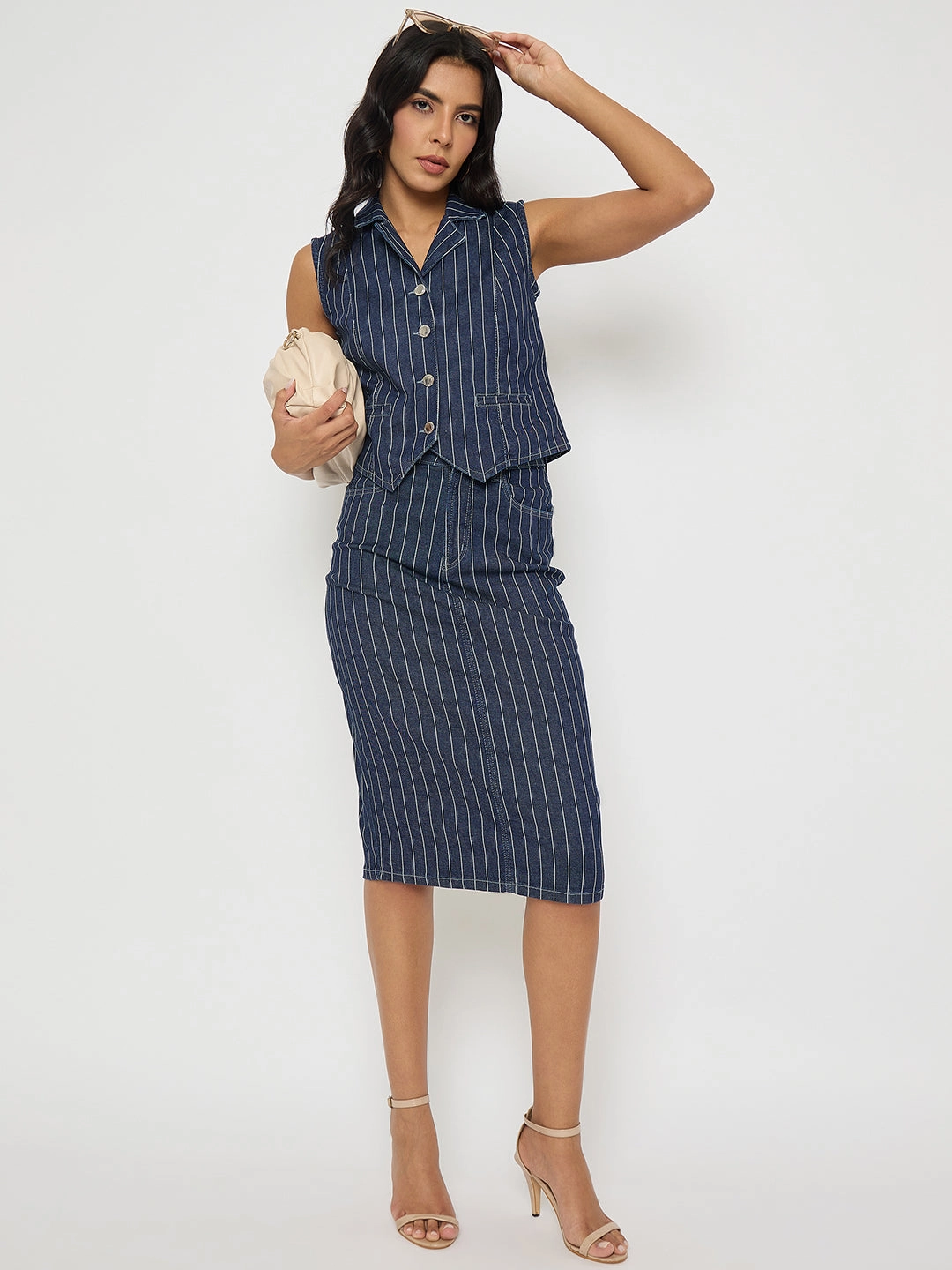 Villa Light Madame Shanaya Kapoor Striped Top and Skirt Mid-Blue Co-ord Set