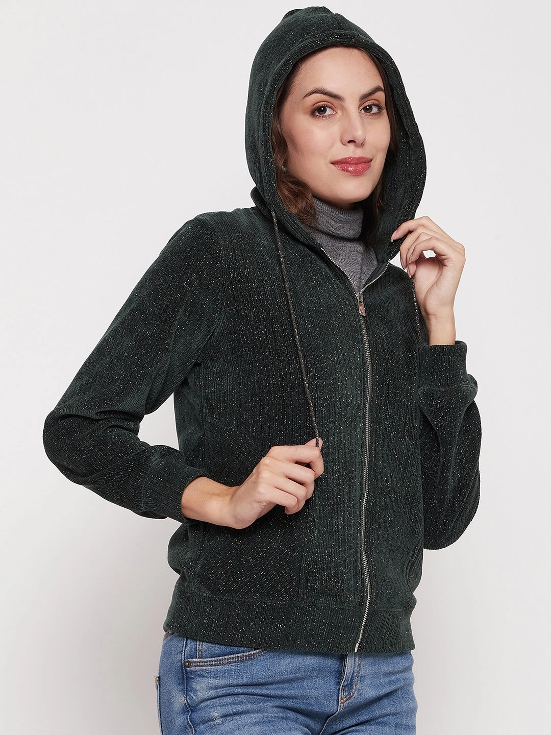 Madame Shimmer Bottle Green Hooded Sweatshirt Simple Layer Fashionable Vibes